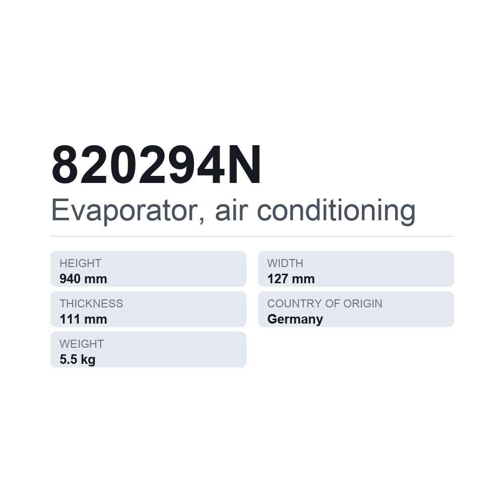 Ilmastoinnin höyrystin 820294N — tekninen tietokortti