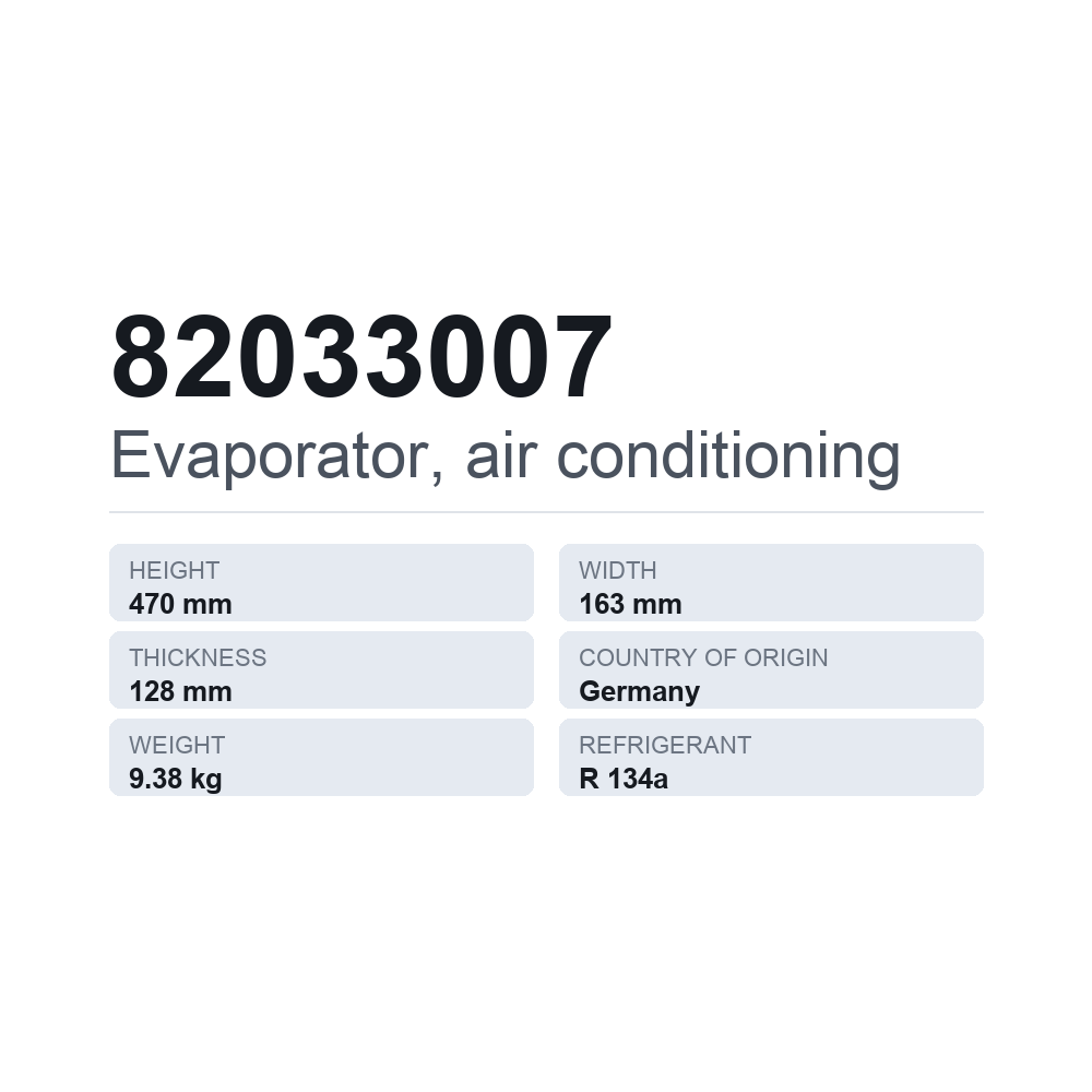 Förångare, AC 82033007 — tekniskt datablad