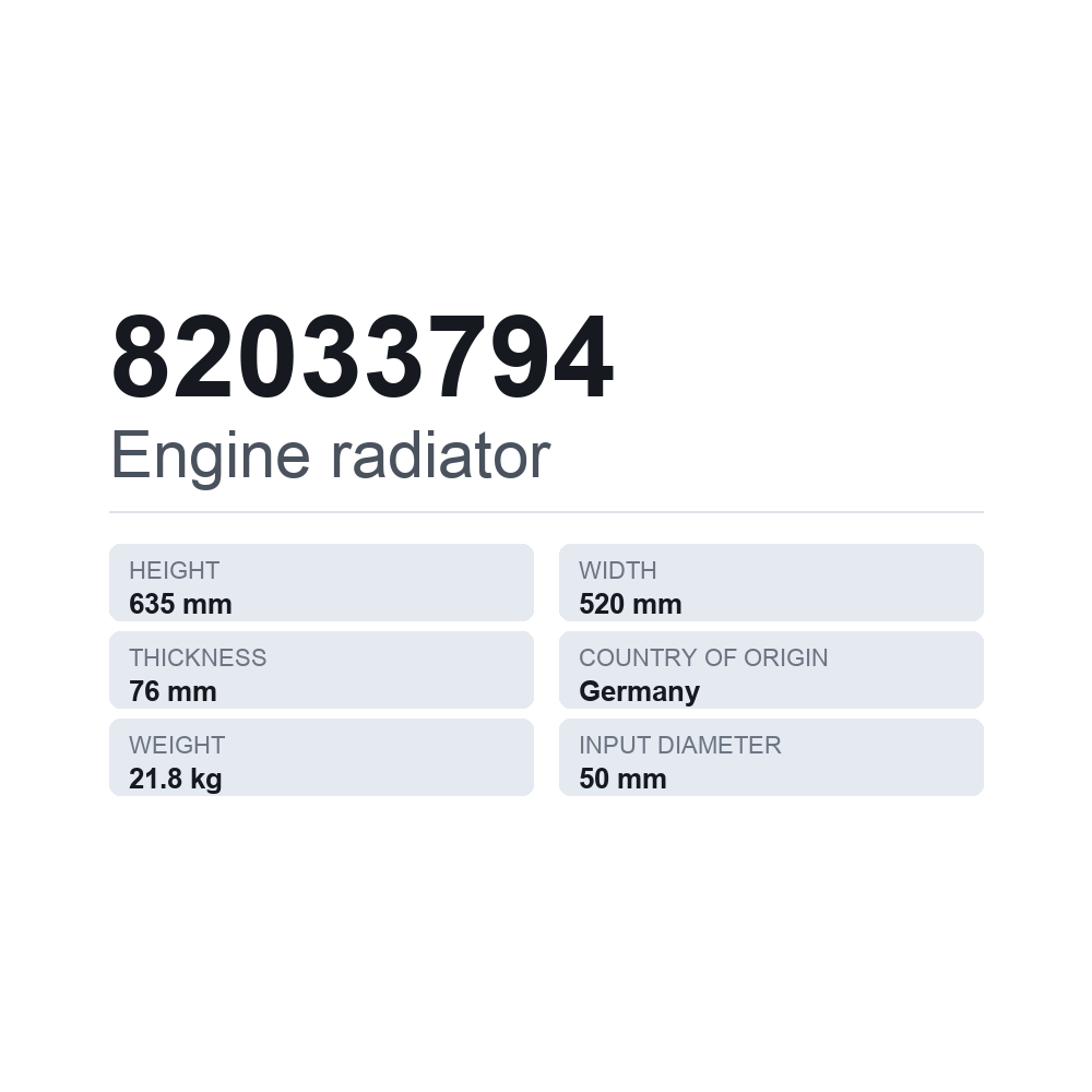 Køler, motorkøling 82033794 — teknisk datablad