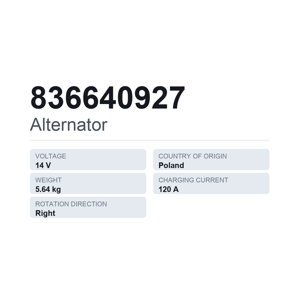 Generator 836640927 — teknisk datablad