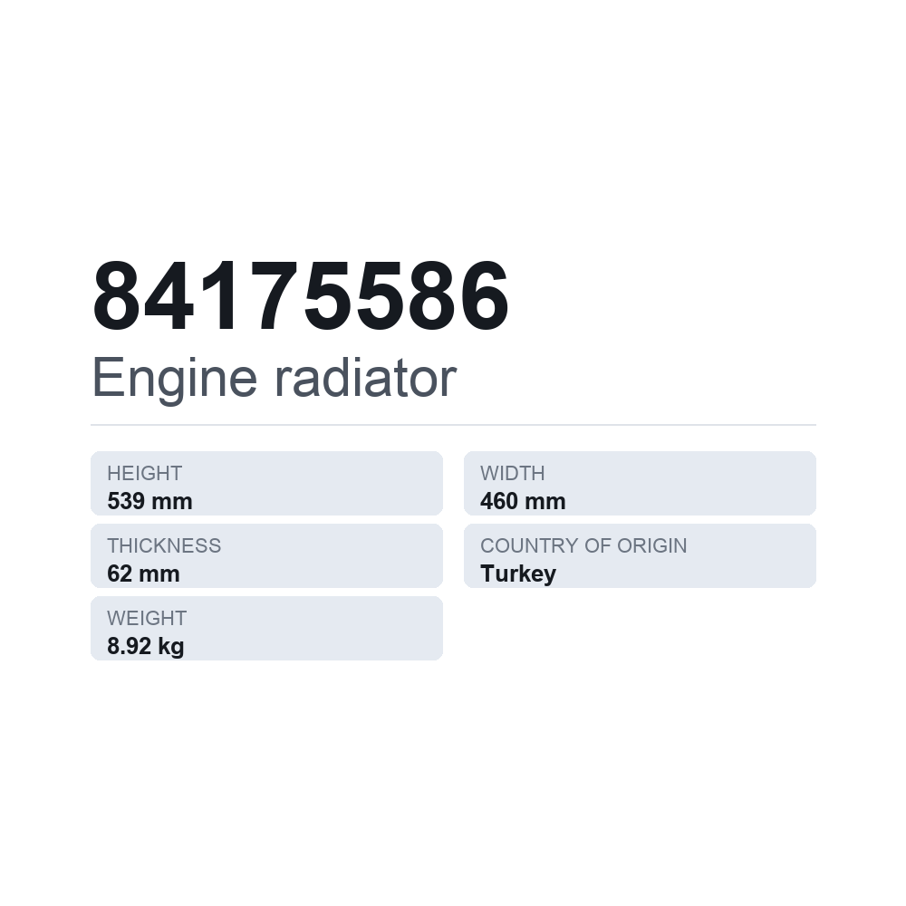Køler, motorkøling 84175586 — teknisk datablad