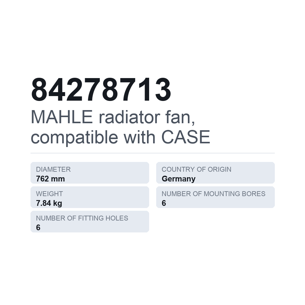 MAHLE køleventilator, passer til CASE 84278713 — teknisk datablad