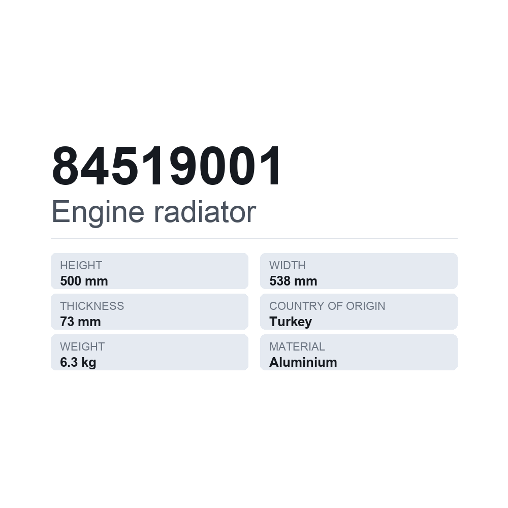 Køler, motorkøling 84519001 — teknisk datablad