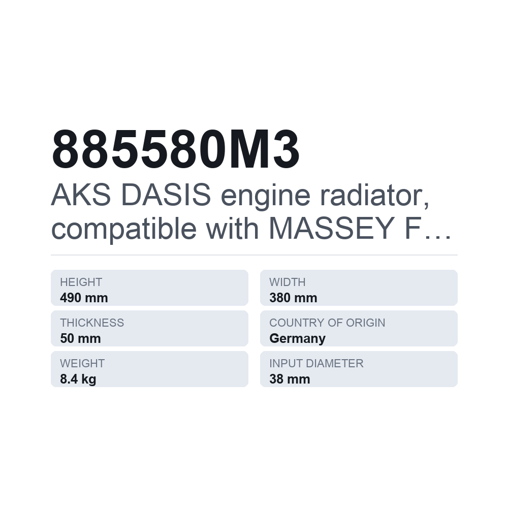 AKS DASIS køler (motorkøling), passer til MASSEY FERGUSON 885580M3 — teknisk datablad