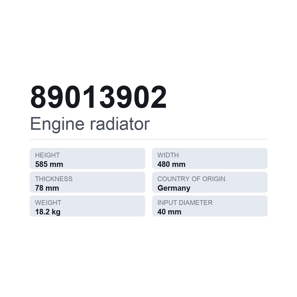 Køler, motorkøling 89013902 — teknisk datablad
