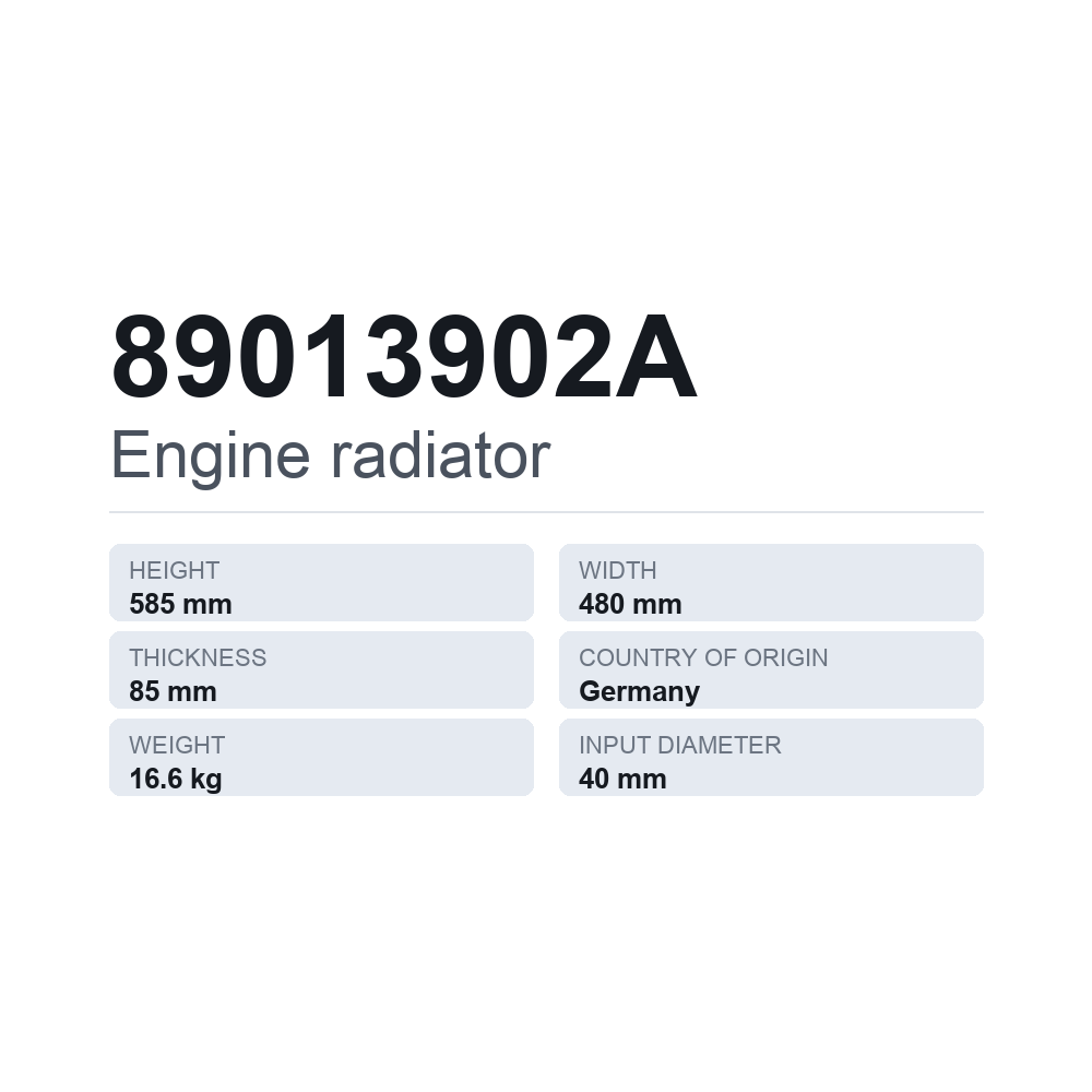 Kylare, motorkylning 89013902A — tekniskt datablad