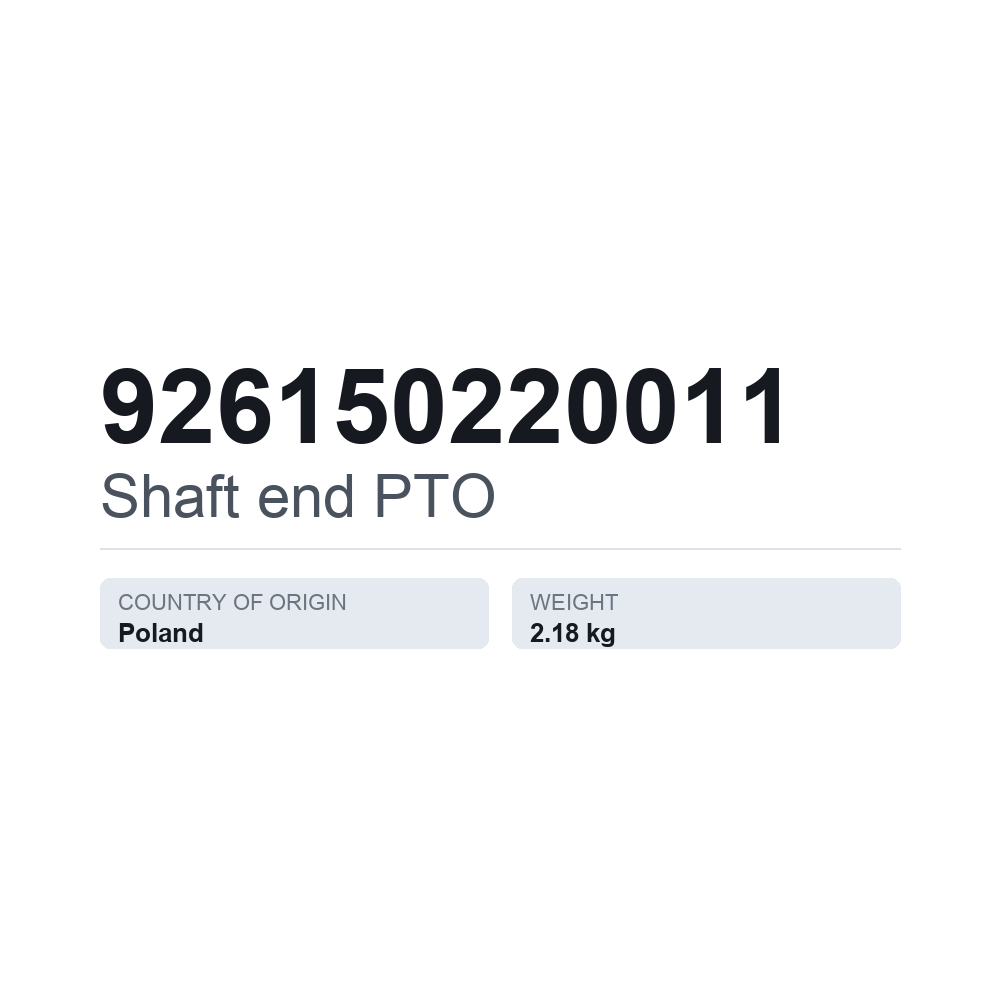 Axeltapp, kraftuttag 926150220011 — tekniskt datablad