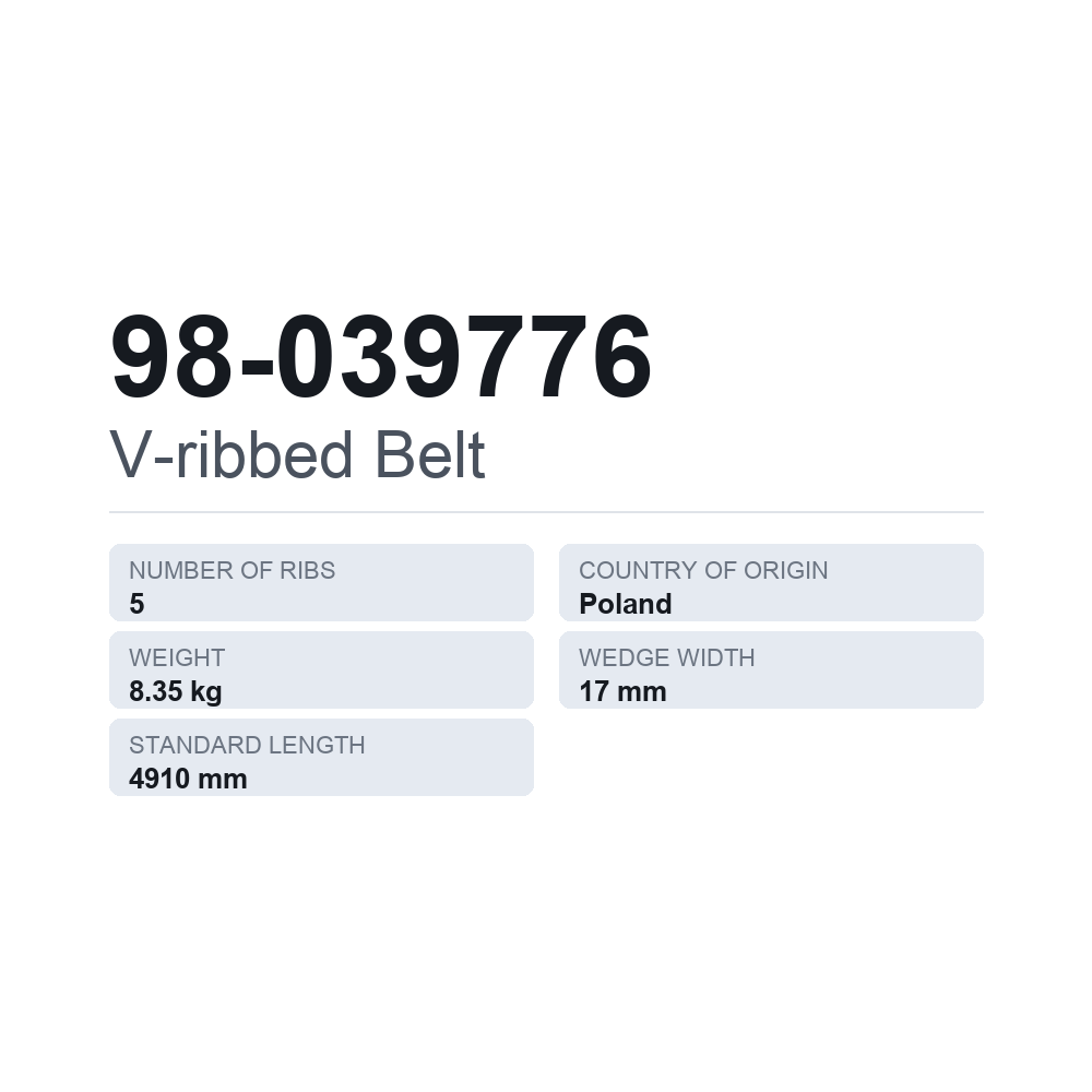 Flerspårsrem 98-039776 — tekniskt datablad