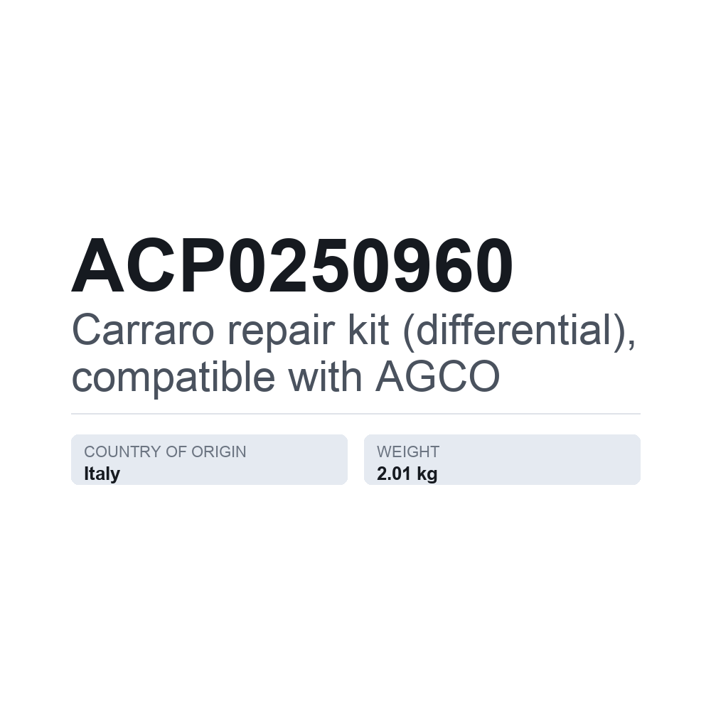 Carraro remonto komplektas (diferencialas), tinka AGCO ACP0250960 — techninių duomenų kortelė