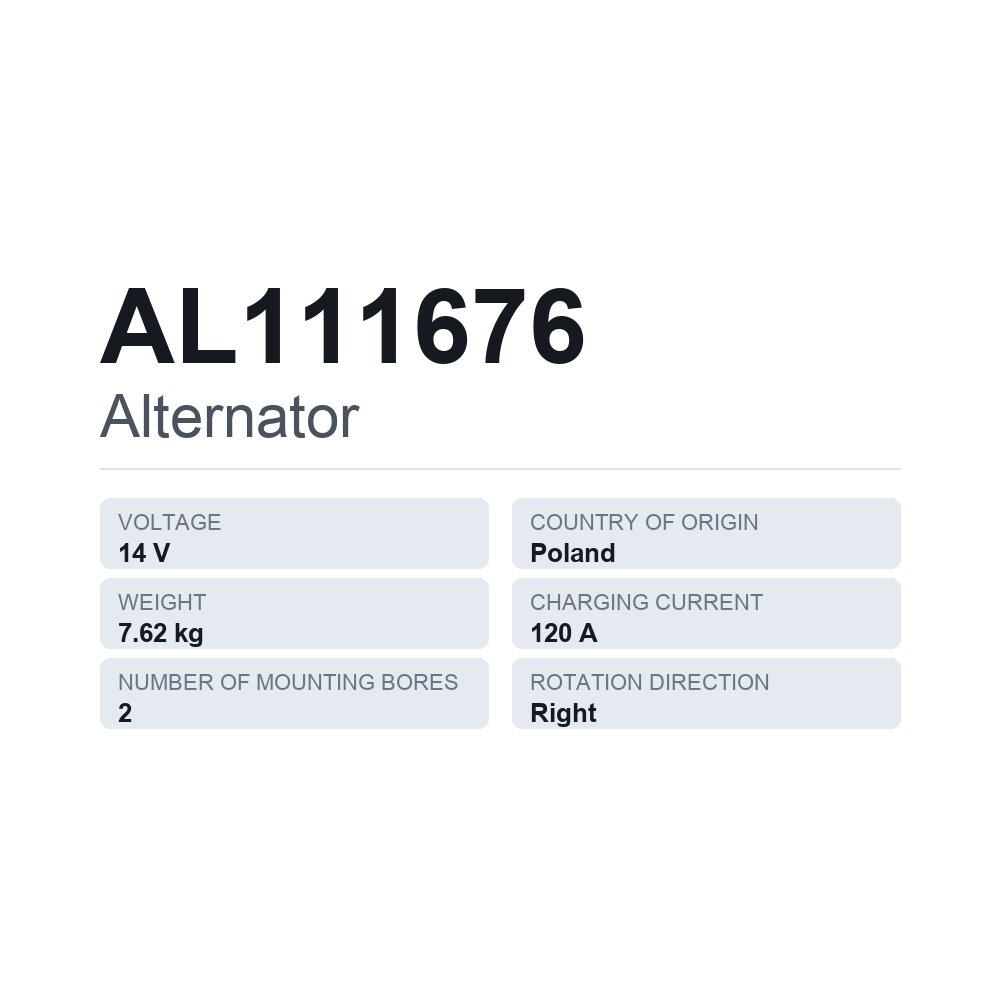 Generator AL111676 — teknisk datablad