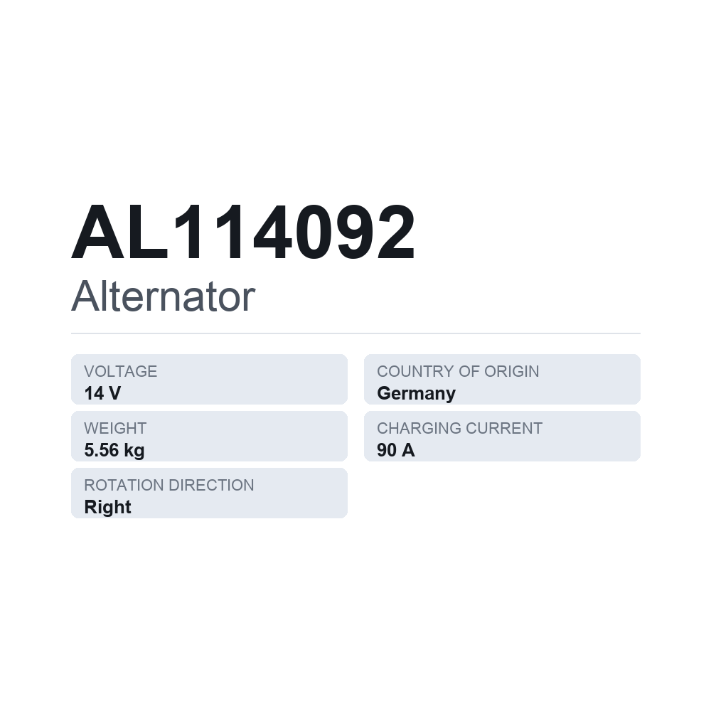 Generator AL114092 — tekniskt datablad