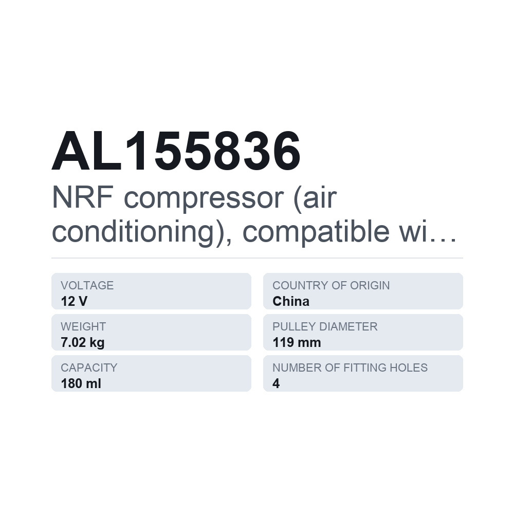NRF compressor (air conditioning), compatible with JOHN DEERE AL155836 — technical data card