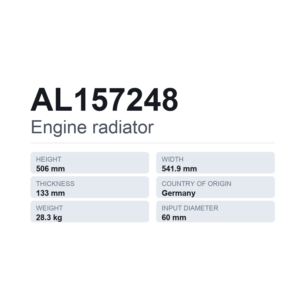 Engine radiator AL157248 — technical data card