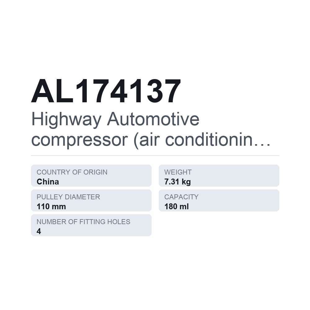 Highway Automotive ilmastoinnin kompressori, sopii JOHN DEERE AL174137 — tekninen tietokortti