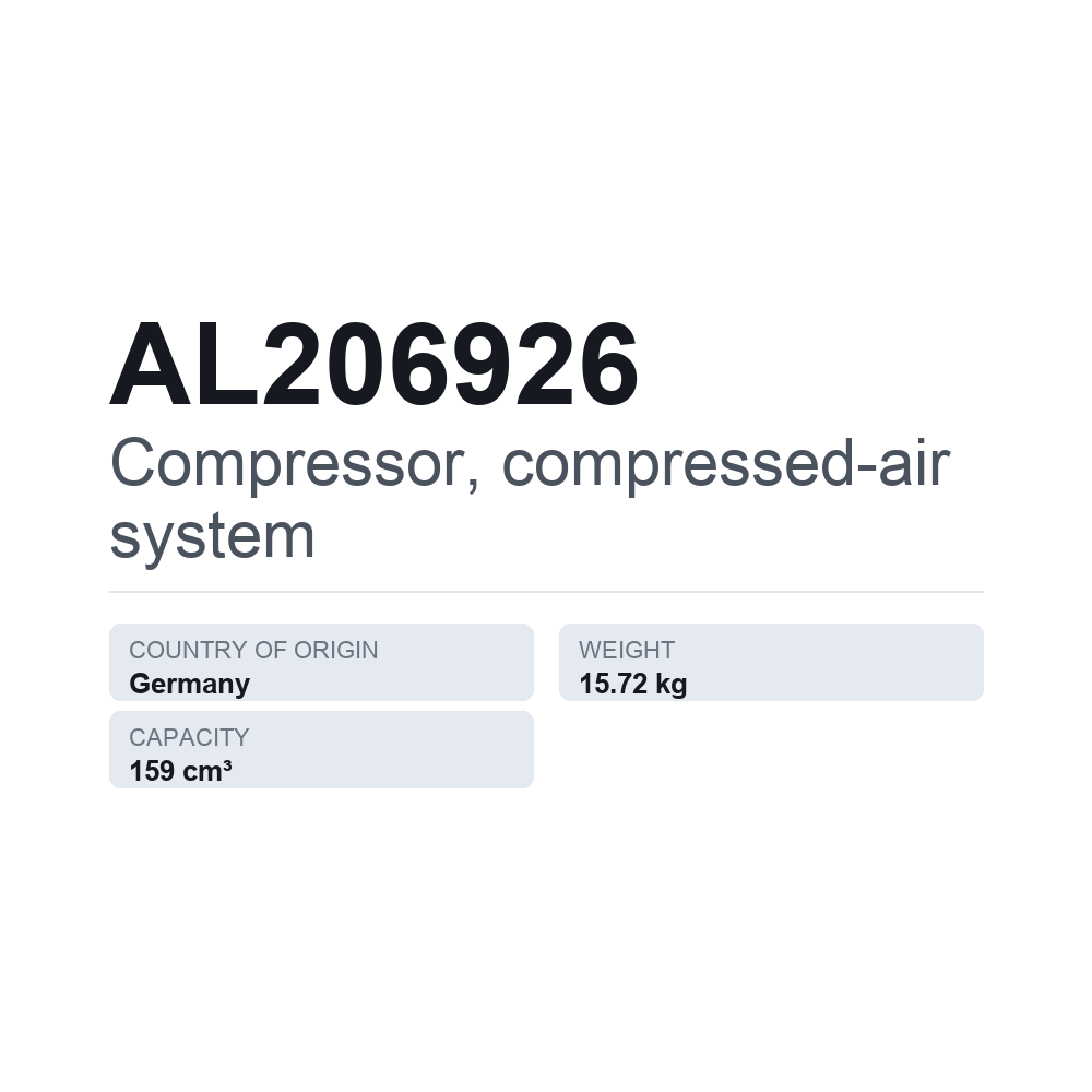 Kompressor, tryckluftssystem AL206926 — tekniskt datablad