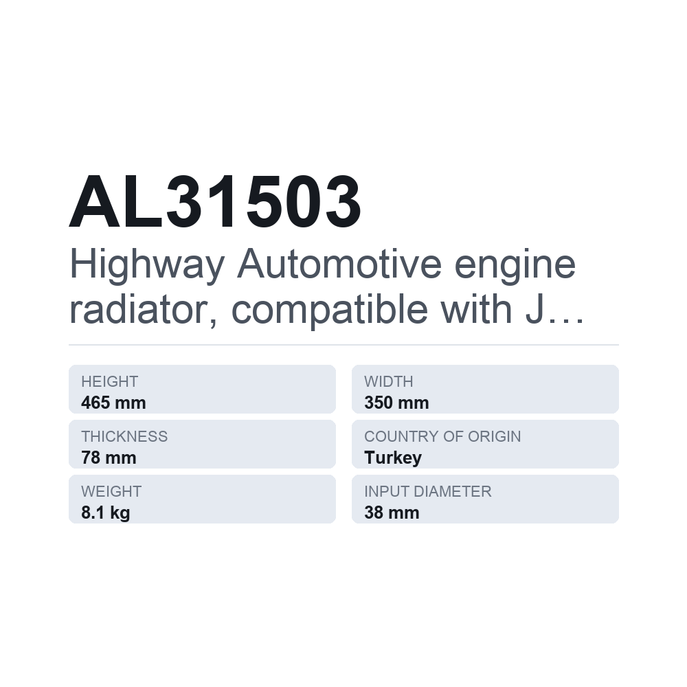 Highway Automotive kylare (motorkylning), passar till JOHN DEERE AL31503 — tekniskt datablad
