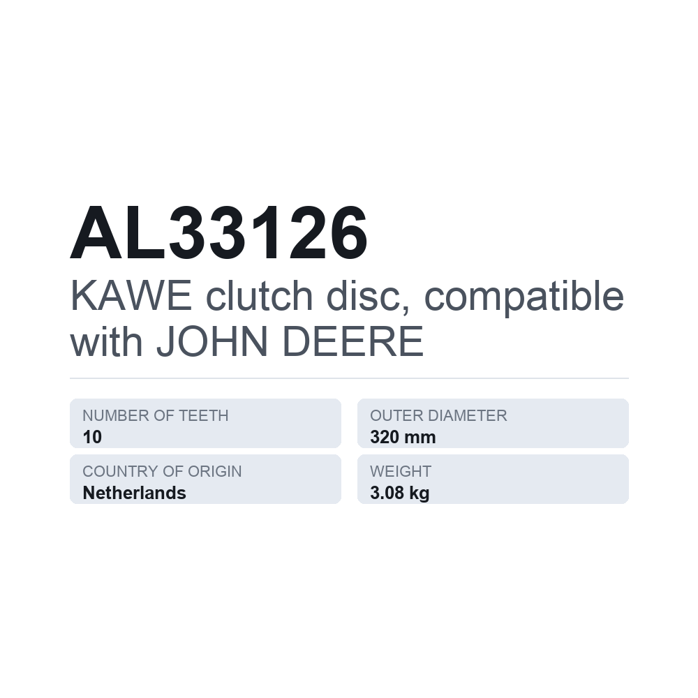KAWE kytkinlevy, sopii JOHN DEERE AL33126 — tekninen tietokortti