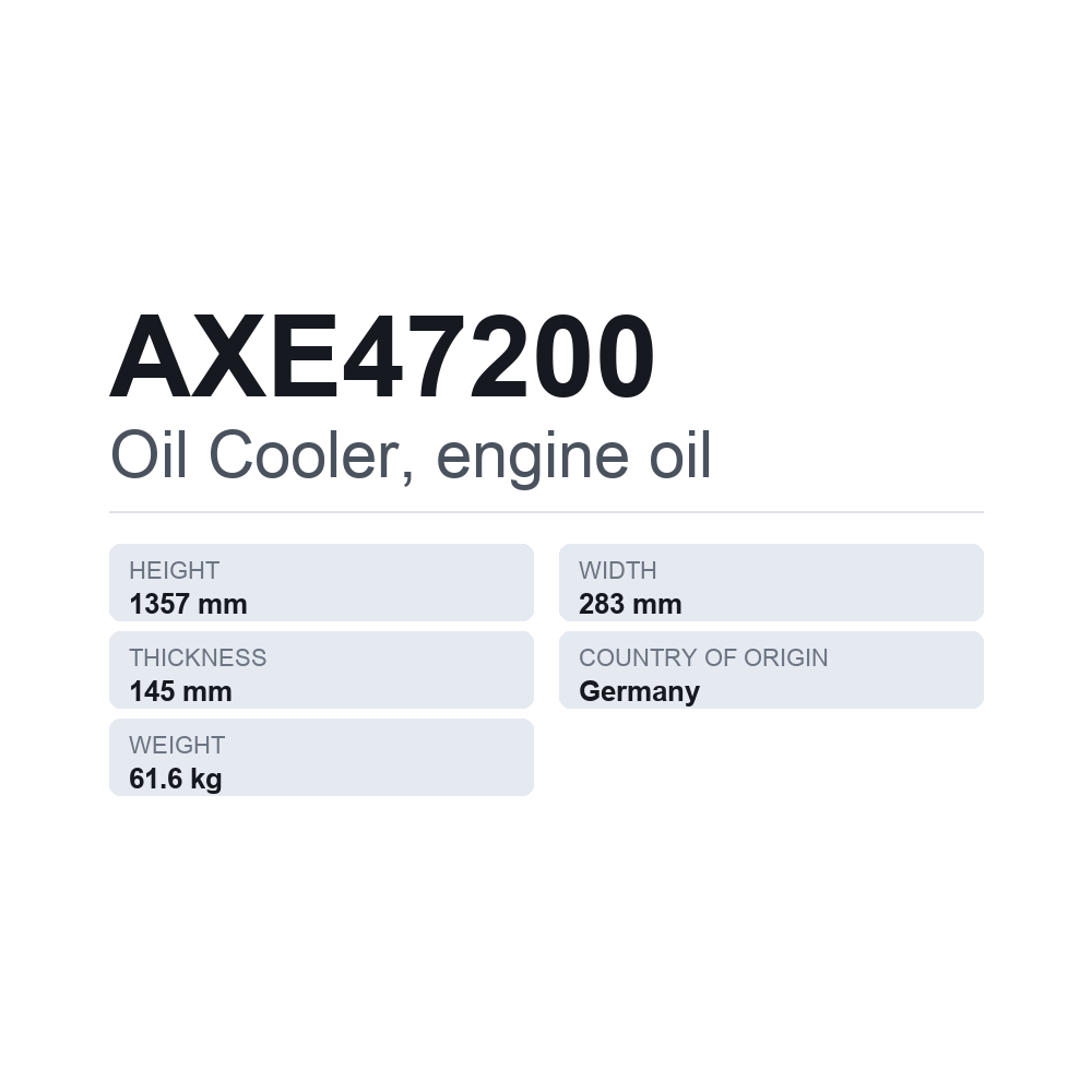 Oljekylare, motorolja AXE47200 — tekniskt datablad