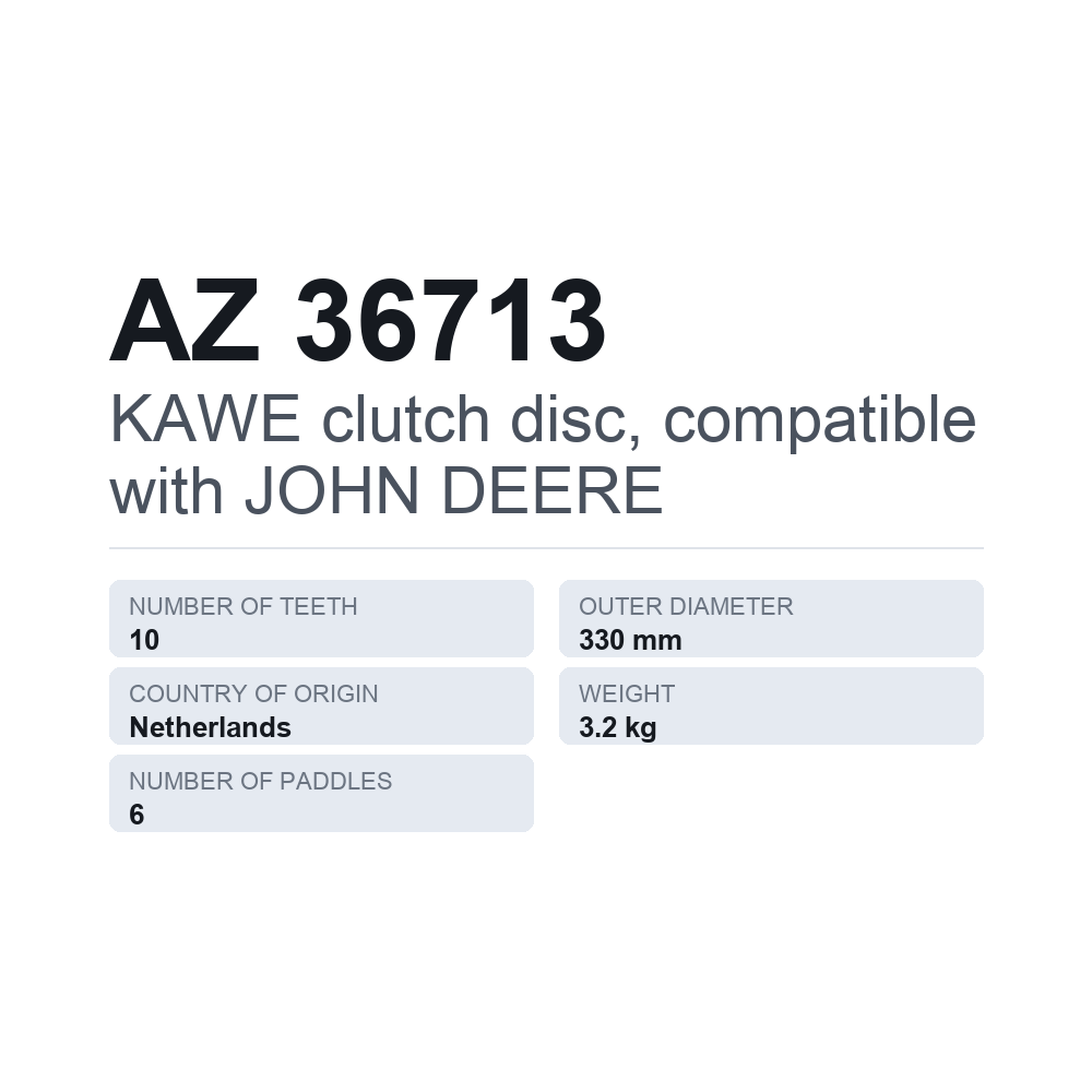 KAWE clutch disc, compatible with JOHN DEERE AZ 36713 — technical data card