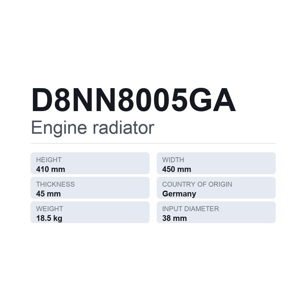 Køler, motorkøling D8NN8005GA — teknisk datablad