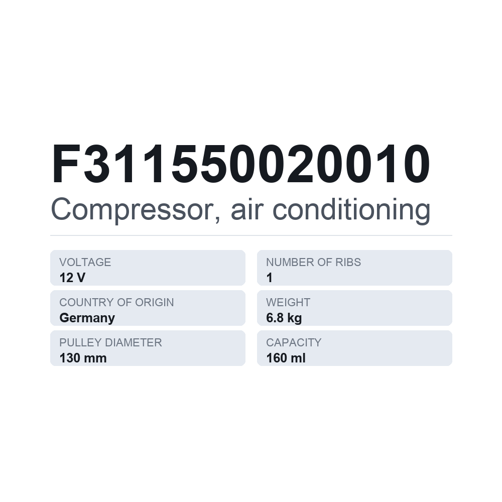 Ilmastoinnin kompressori F311550020010 — tekninen tietokortti