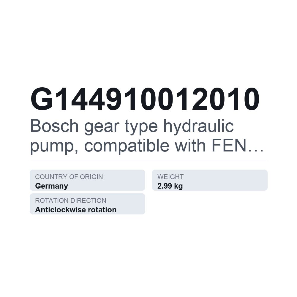 Bosch gear type hydraulic pump, compatible with FENDT G144910012010 — technical data card