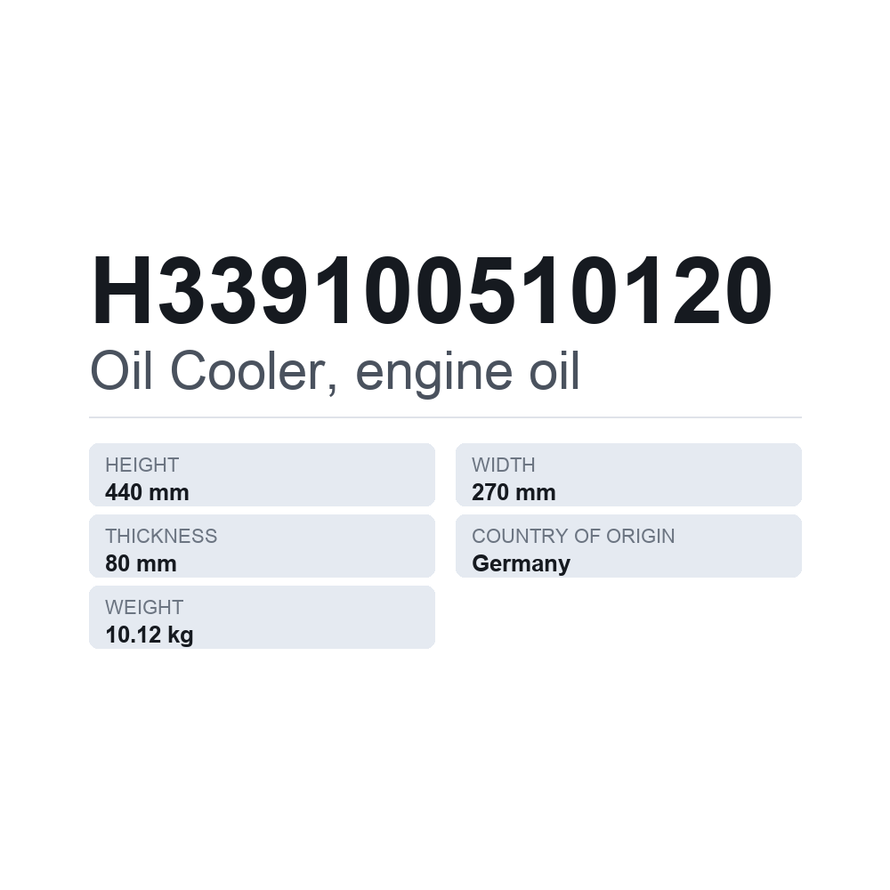 Moottoriöljyn jäähdytin H339100510120 — tekninen tietokortti