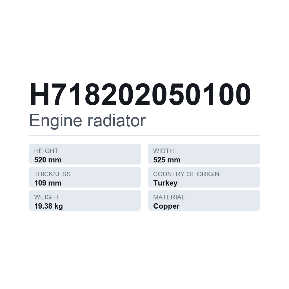 Moottorin jäähdytin H718202050100 — tekninen tietokortti