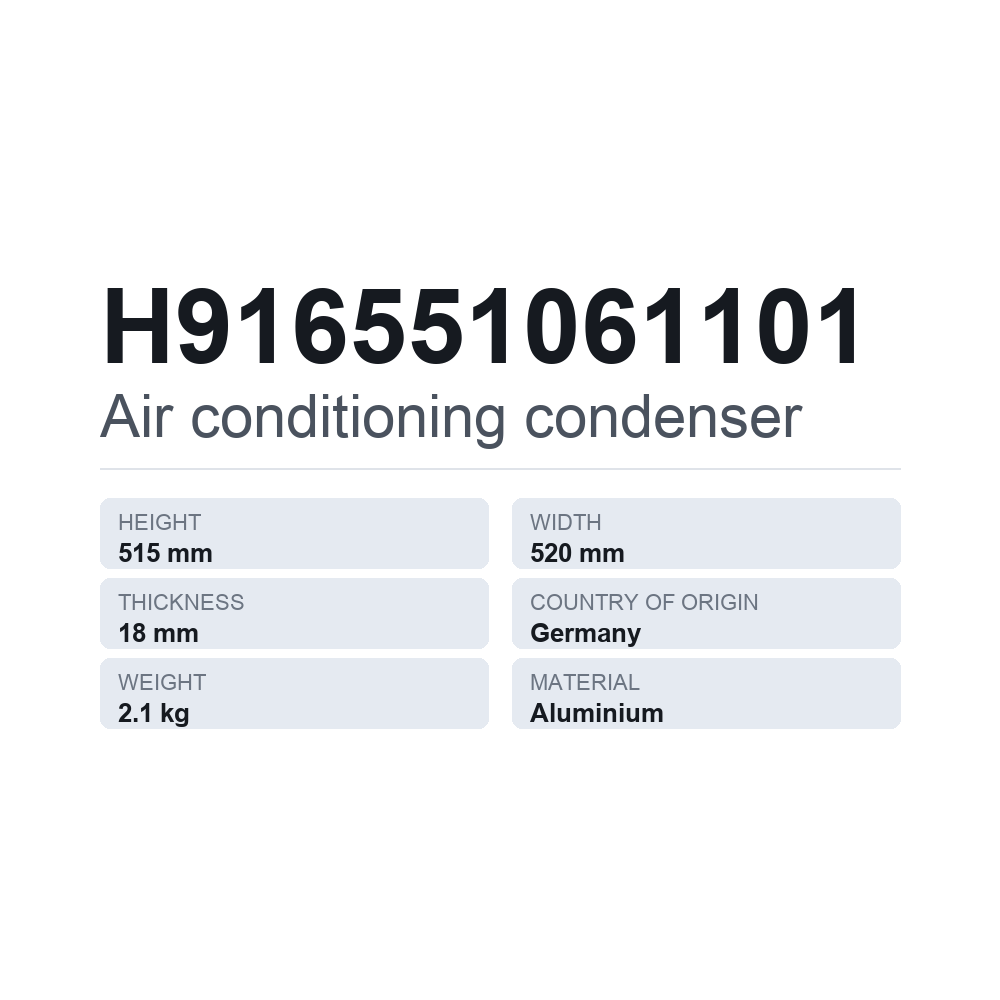 Kondensator, klimaanlæg H916551061101 — teknisk datablad