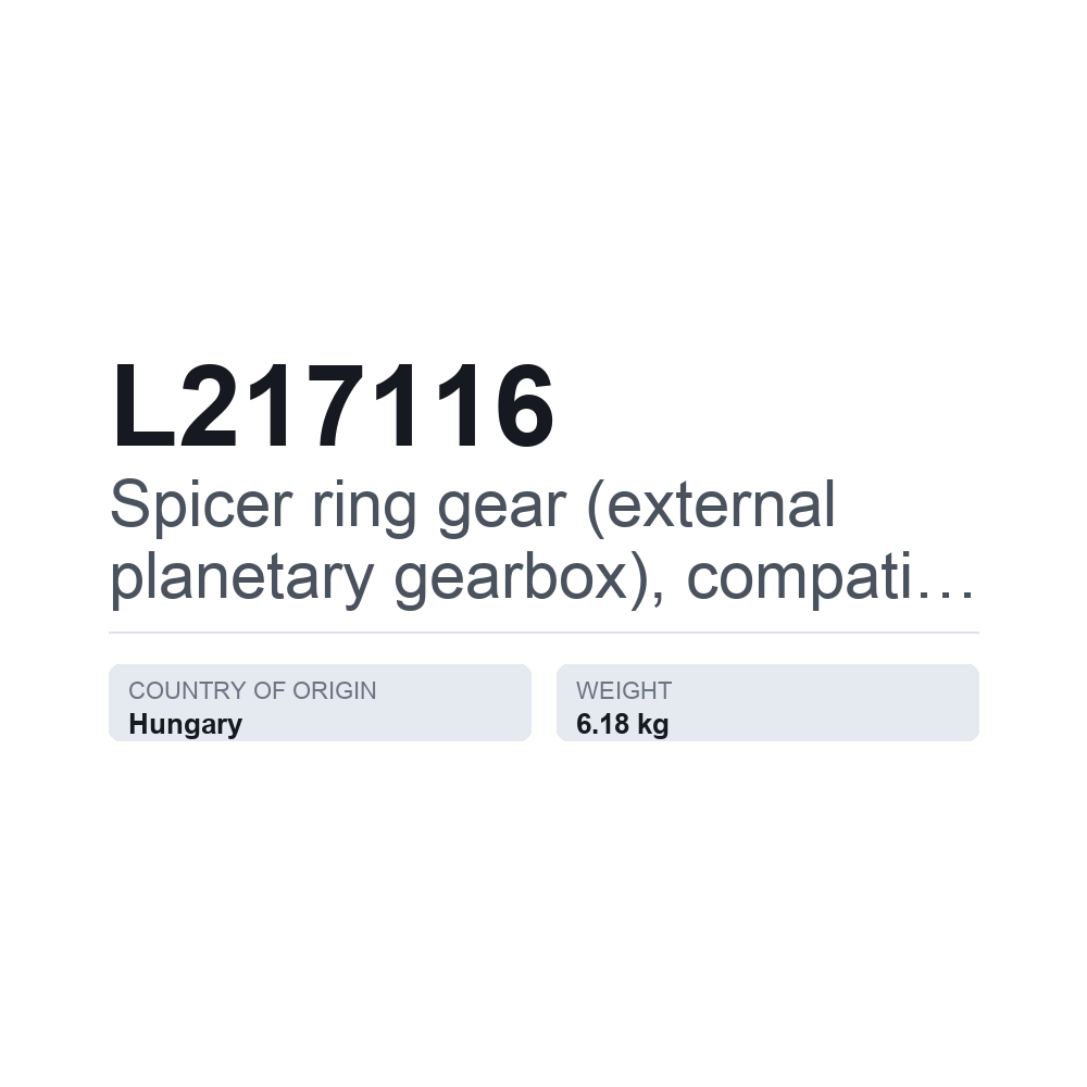 Spicer ring gear (external planetary gearbox), compatible with JOHN DEERE L217116 — technical data card