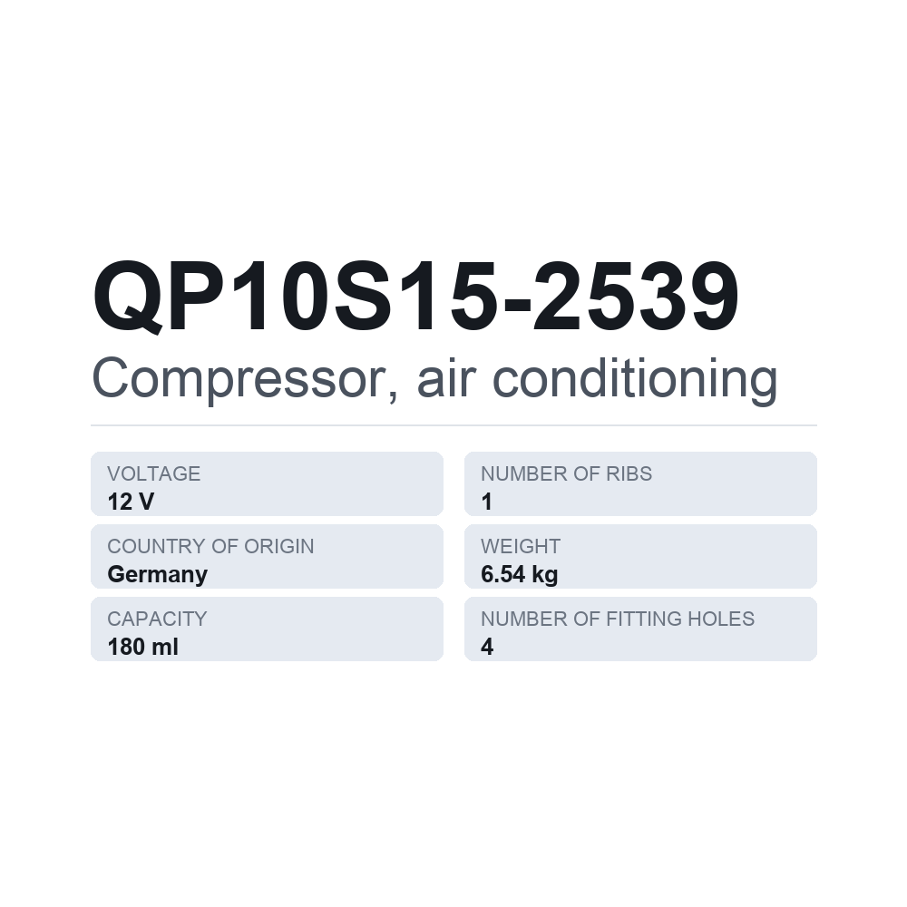 Ilmastoinnin kompressori QP10S15-2539 — tekninen tietokortti