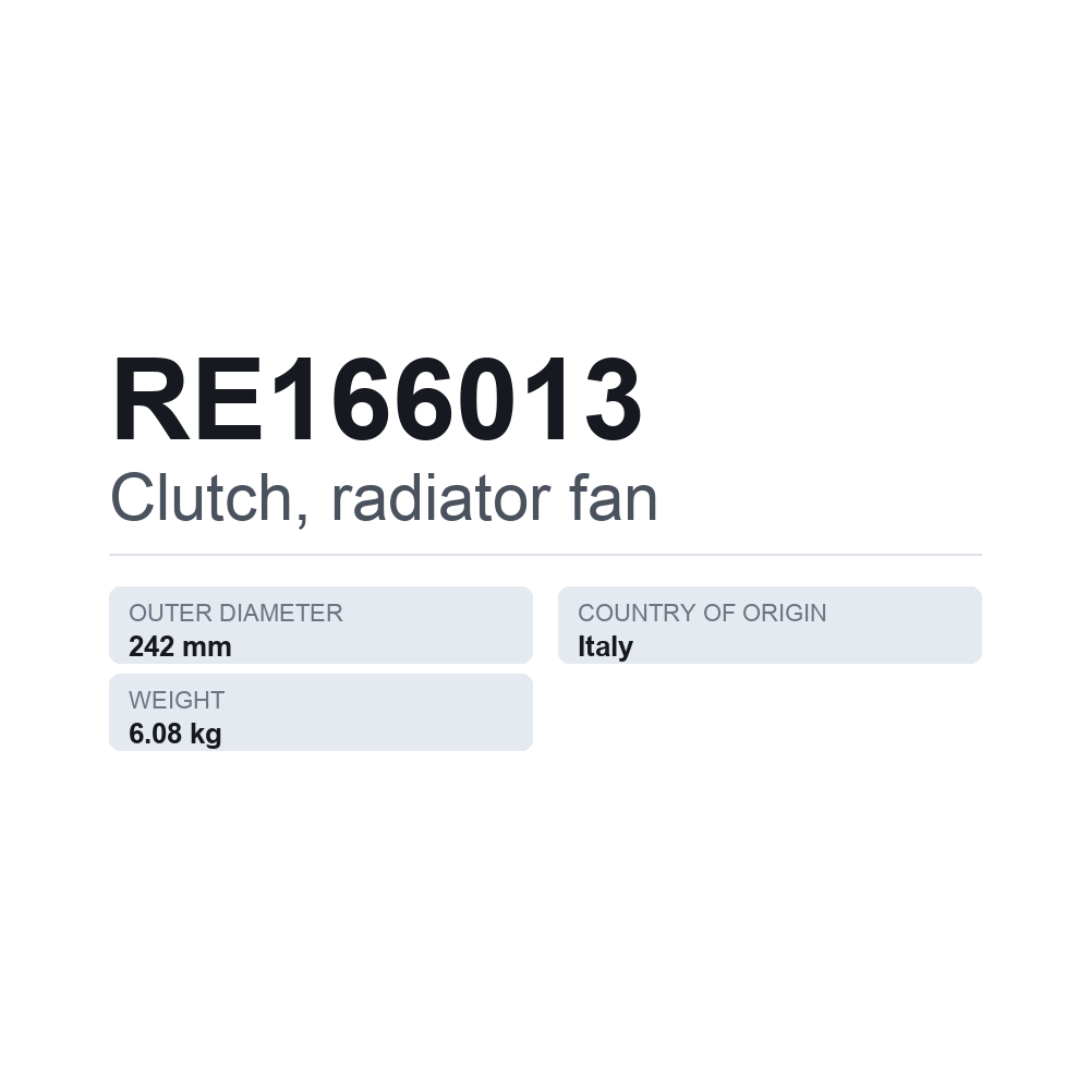 Kobling, køleventilator RE166013 — teknisk datablad