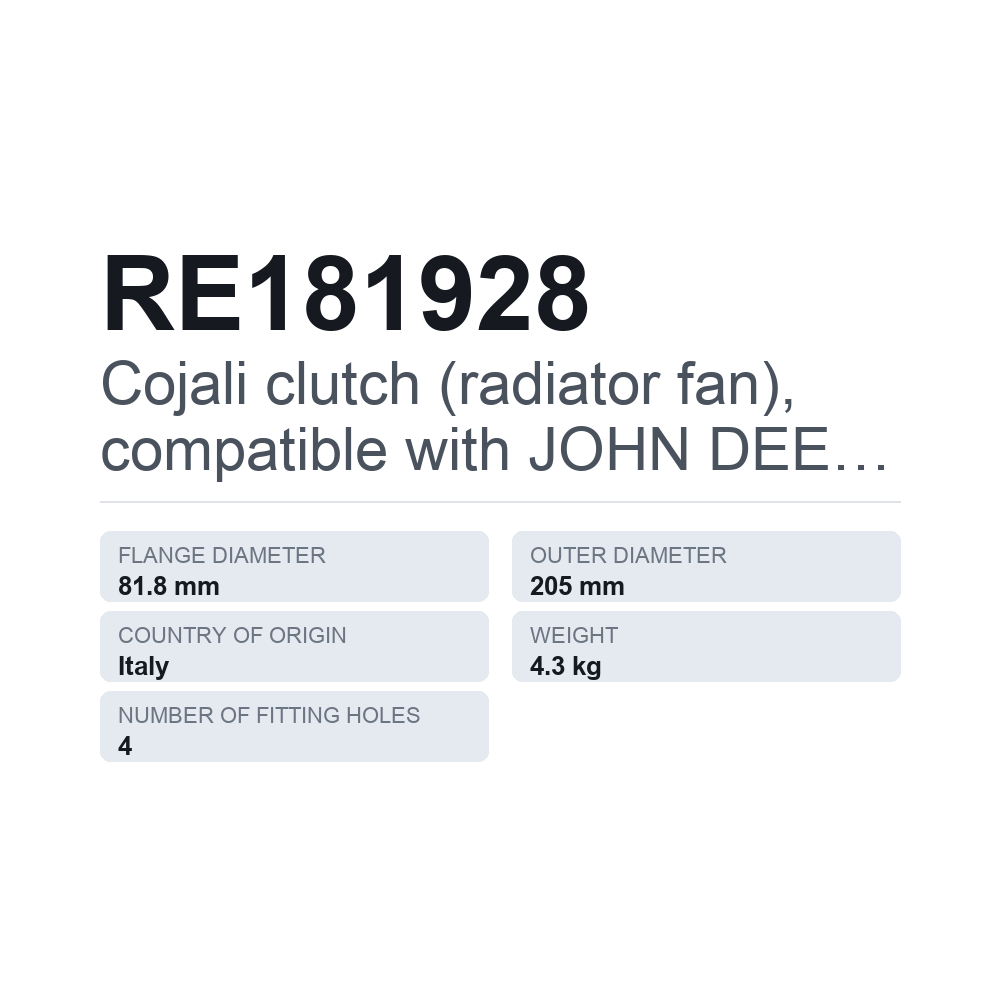 Cojali sankaba (radiatoriaus ventiliatorius), tinka JOHN DEERE RE181928 — techninių duomenų kortelė