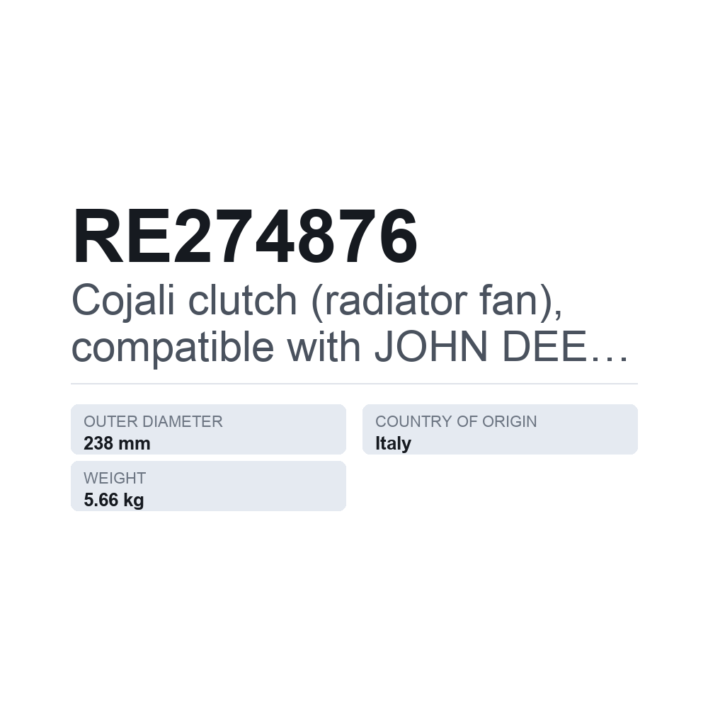 Cojali jäähdyttimen puhaltimen kytkin, sopii JOHN DEERE RE274876 — tekninen tietokortti