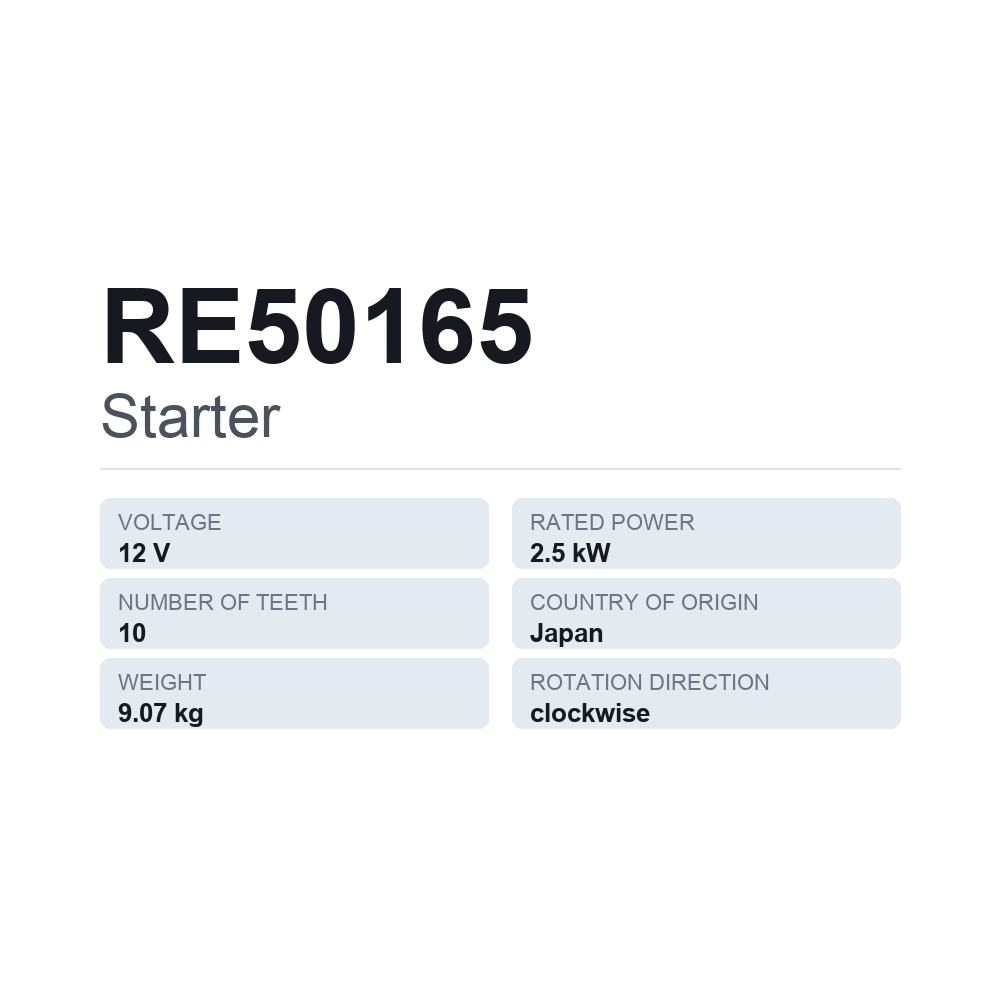 Starter RE50165 — teknisk datablad