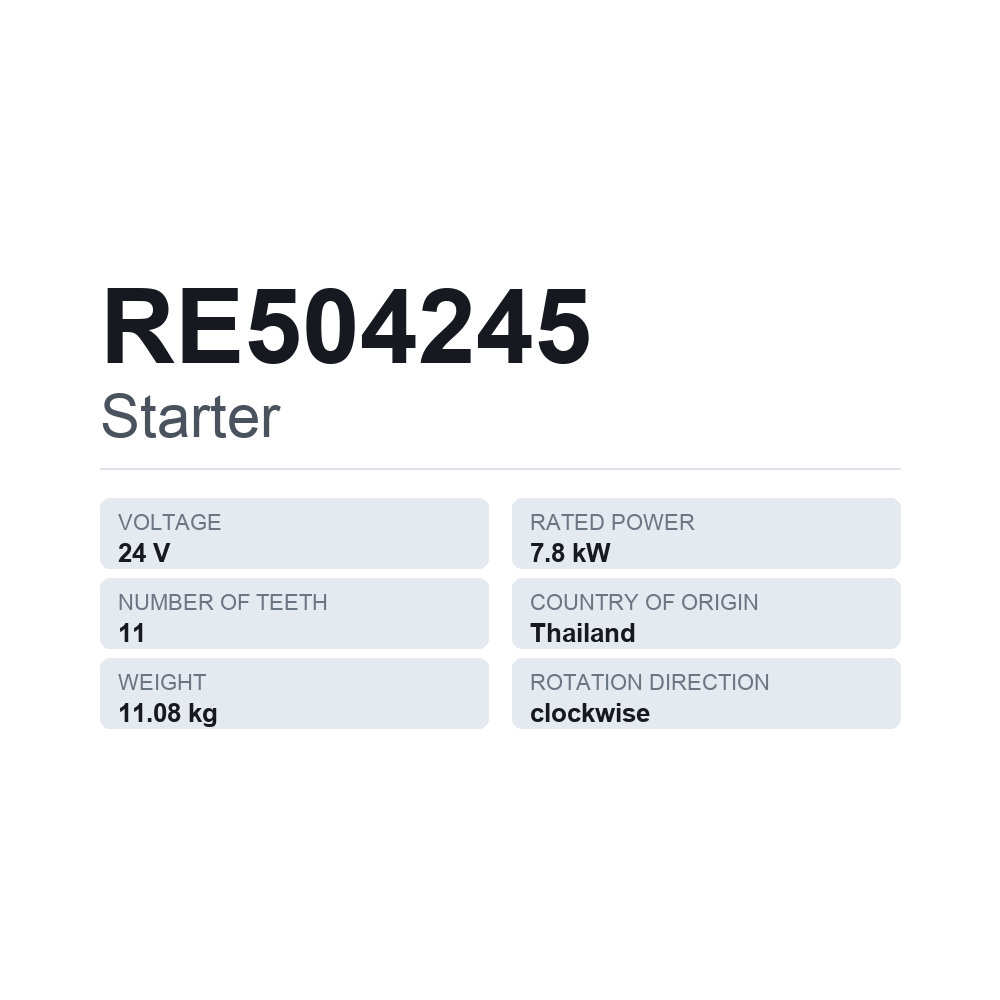 Starter RE504245 — teknisk datablad