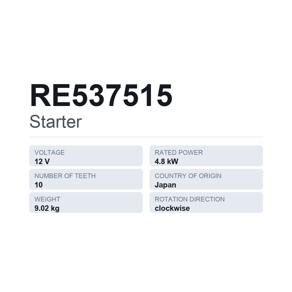 Starter RE537515 — teknisk datablad