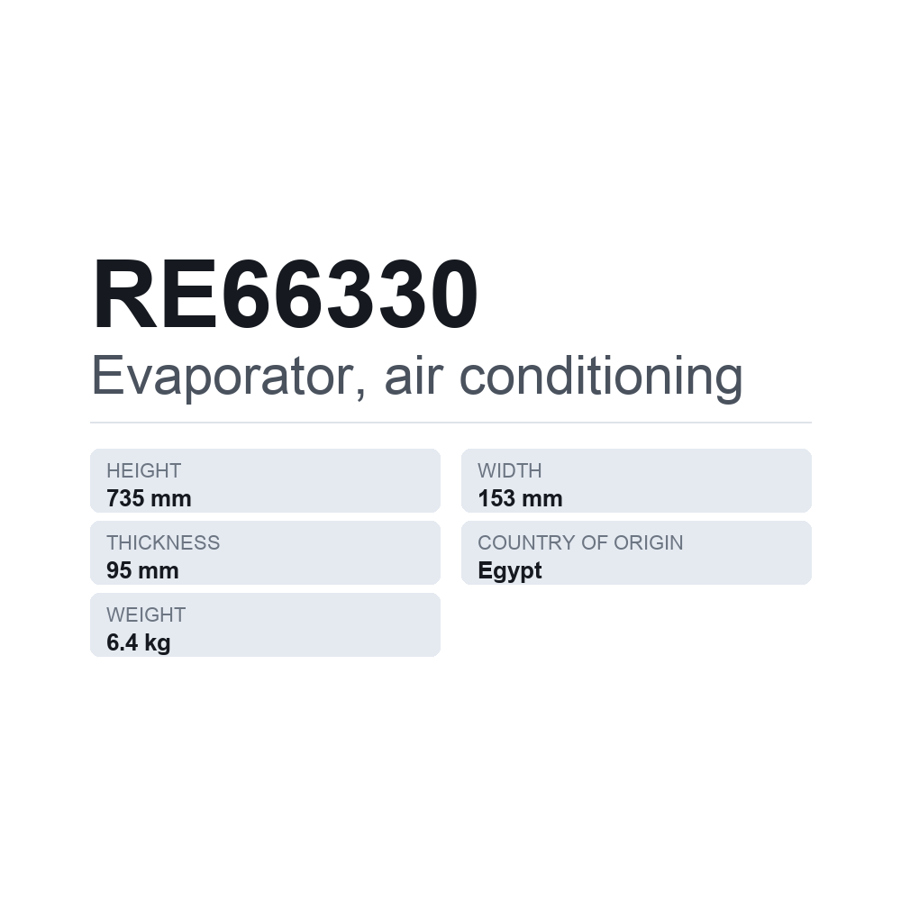 Verdampfer, Klimaanlage RE66330 — technisches Datenblatt