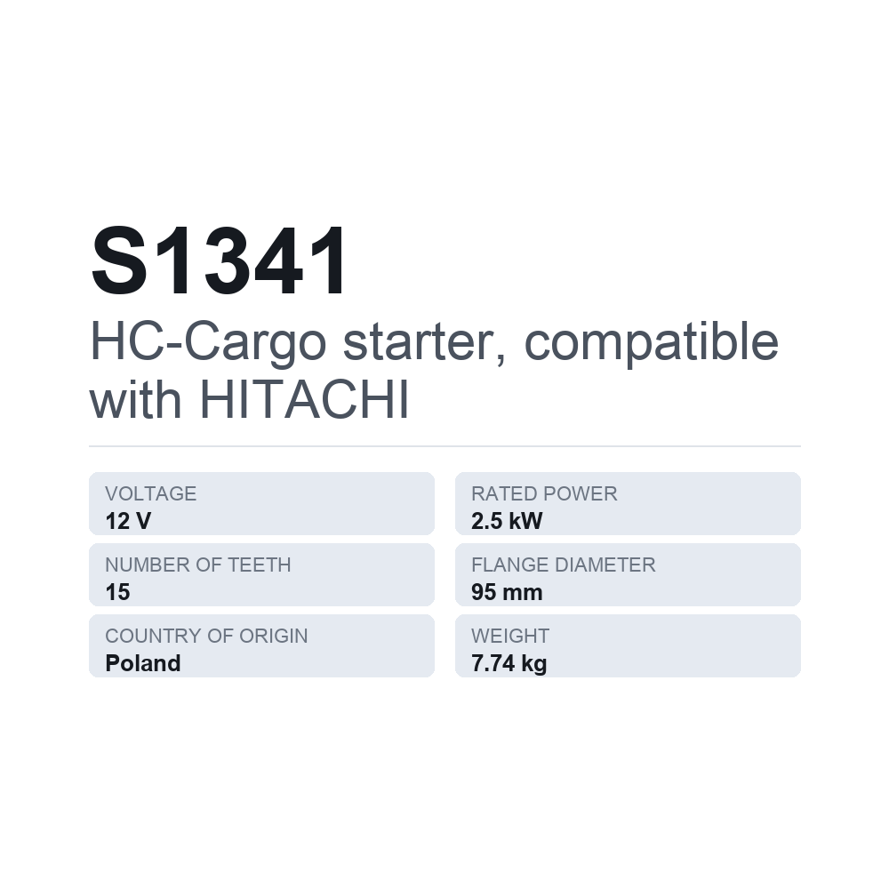 HC-Cargo käynnistinmoottori, sopii HITACHI S1341 — tekninen tietokortti