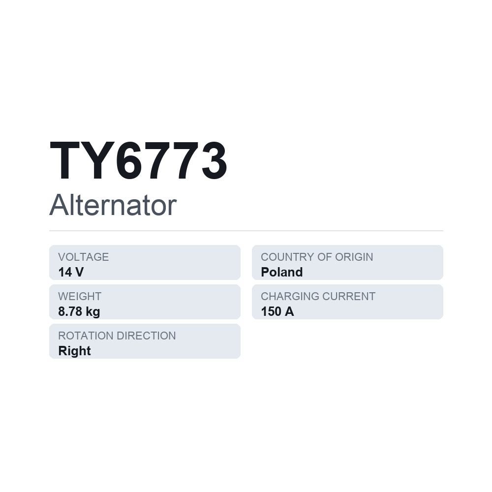 Laturi TY6773 — tekninen tietokortti