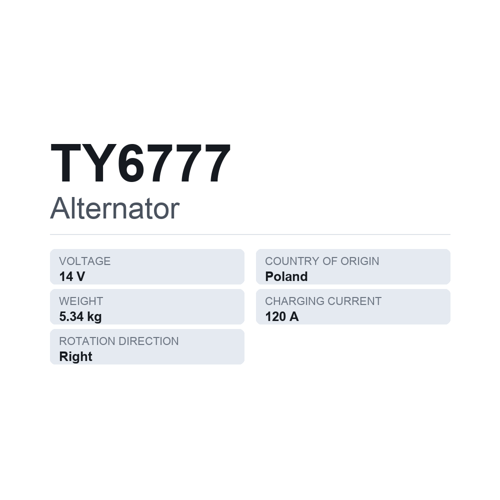Laturi TY6777 — tekninen tietokortti