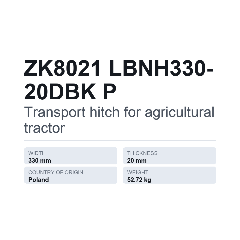Anhængertræk, traktor ZK8021 LBNH330-20DBK P — teknisk datablad