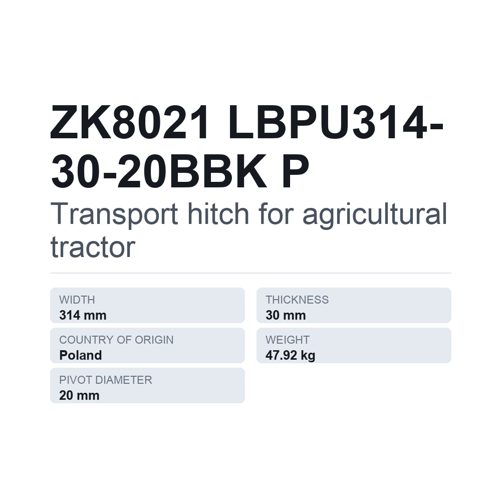 Anhængertræk, traktor ZK8021 LBPU314-30-20BBK P — teknisk datablad